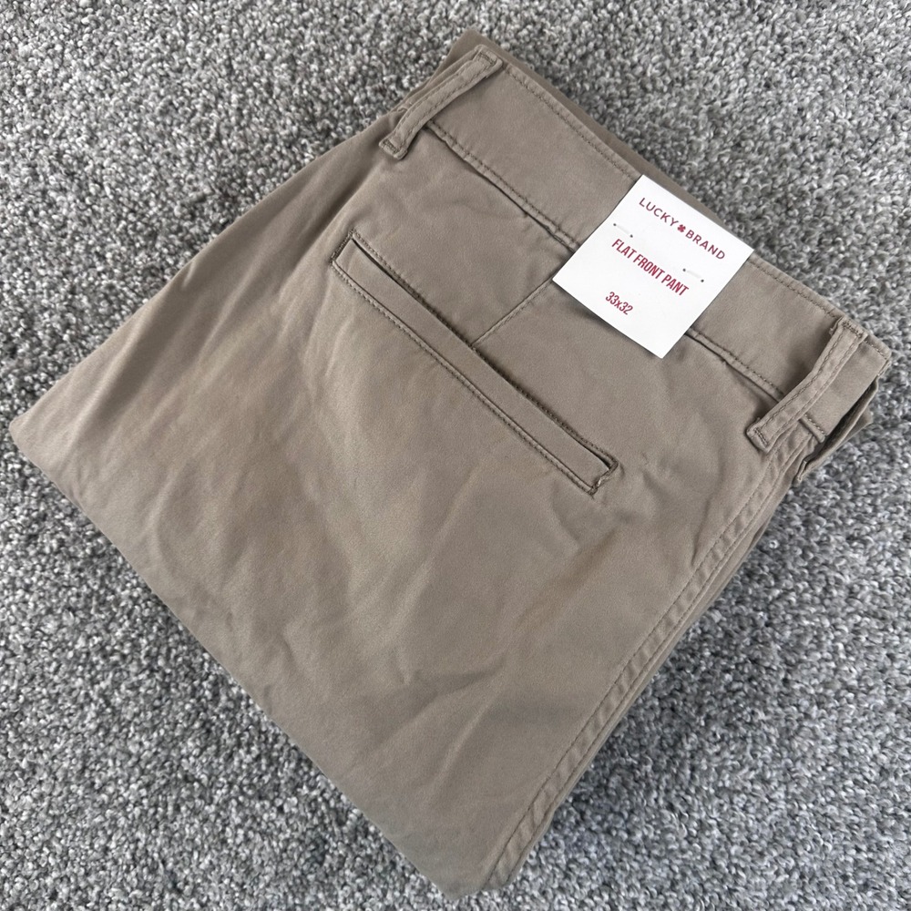 Lucky Brand Flat Front Pants Mens 33x32 Sandstone Chino Advanced Stretch NEW